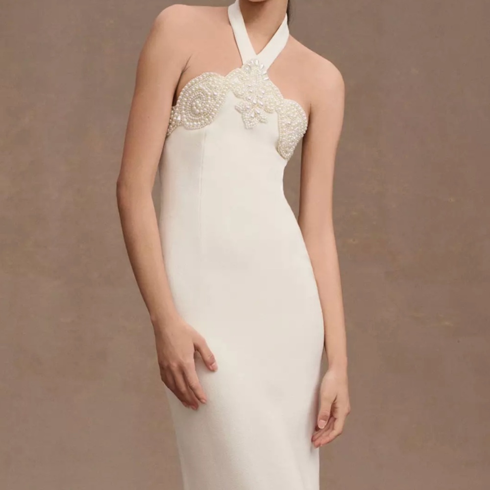 Ronny Kobo Reine Halter Pearl-Embellished Back-Slit Slim Midi Dress